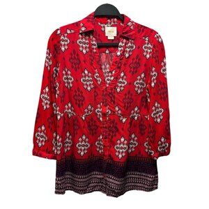 Maeve Womens Woodland Walk Geometric Aztec Boho Blouse Size 8 Red